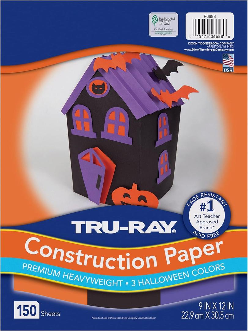 Tru-Ray Premium Construction Paper, Halloween Colored Paper, 3 Assorted Colors, 9 x 12, 150 Sheets