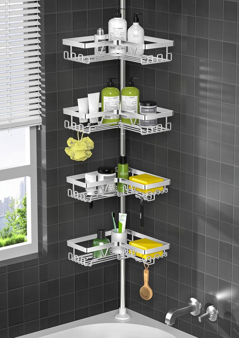 Shower Caddy Tension Pole - Corner Shower Shelves with Soap Holder Bathroom Shower Organizer for Tub (Stainless Steel, Silver, Floor to Ceiling 25-114.2 inch)