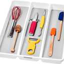 madesmart 3 Compartment Premium Utensil Tray, Multi Purpose Storage Organizer, Non Slip Lining, Deep Storage for Ladles, Whisks & Serving Tools, for Drawers & Home Organization, White