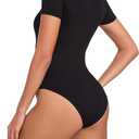 LIZENS Body Suits for Womens Tummy Control Short Sleeve Scoop Neck Ribbed Casual Stretchy Basic T Shirt Bodysuit Tops (Black, M)