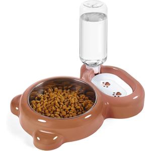 Dog Bowls, Cat Food and Water Bowl Set with Water Dispenser and Stainless Steel Bowl for Cats and Small Dogs - Brown