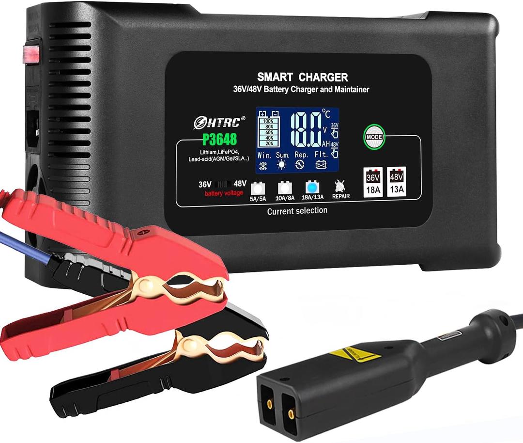 Premium 36V and 48V Golf Carts Charger,18Amp Smart Trickle Charger with Voltage Display, 36V-18Amp/48V-13Amp, Lithium,LiFePO4,Lead-Acid AGM/Gel/SLA Car Battery Maintainer for EZGO TXT Car Boat