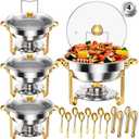 Round Chafing Dishes for Buffet 5 Qt,High Grade Chafing Dish Buffet Set, Full Size Pan,Rolled-Edge Design Food Warmers for Parties,Buffet,Wedding,Birthday,Camping 4 PACK (Half Gold-Glass)