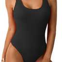 Limeeke Women One Piece Swimsuit Solid Ribbed Monokini Swimwear Scoop Neck Low Back Bathing Suit (Large, Black)