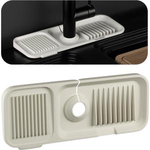 Silicone Kitchen Sink Splash Guard, Longer Faucet Mat, Sink Protectors, Sponge Holder (14.5" x 5.5", Beige)
