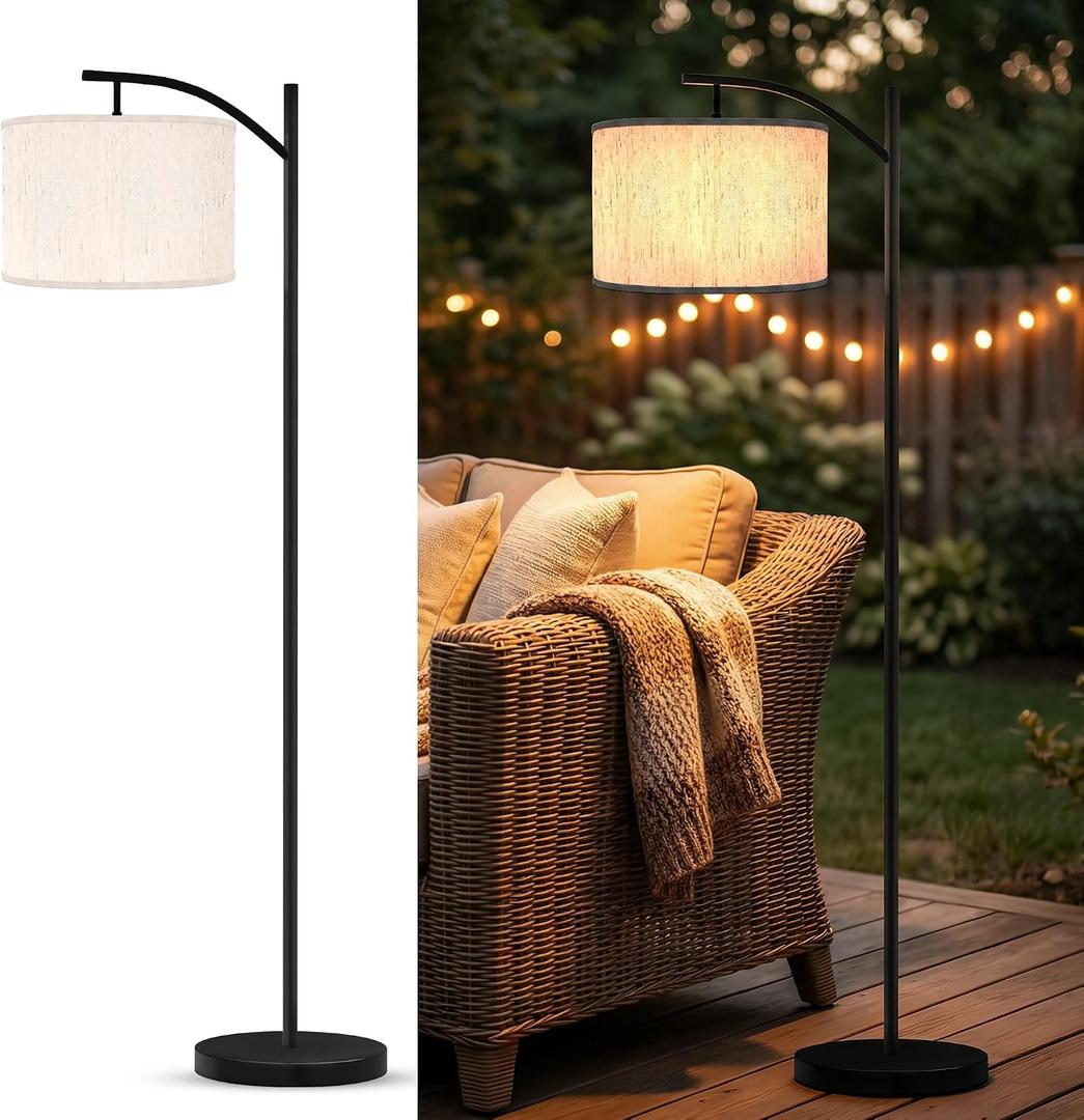 VISFLAIR Solar Outdoor Floor Lamp, Waterproof Arc Standing Light with Heavy Metal Base for Patio, Modern Exterior Tall Light with Shade & Vintage Edison Bulb for Deck, Porch, Garden, Balcony Decor