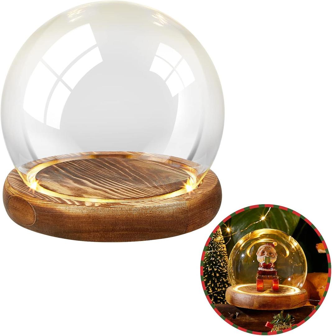 Funtery 1 Pcs 4.72 Inch Christmas Glass Dome DIY Clear Keepsake Globe Display Case with Light Wood Base Decorative Snow Globe Kit Plant Terrarium Decor for Women Craft Tabletop Gift