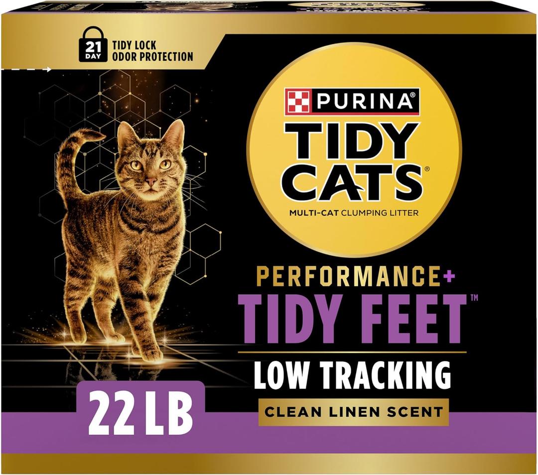 Purina Tidy Cats Performance PlusTidyFeet Scented Low Tracking Cat Litter, Clumping, Multi-CatOdor Control Kitty Litter with Clean Linen Scent - 22 lb. Box