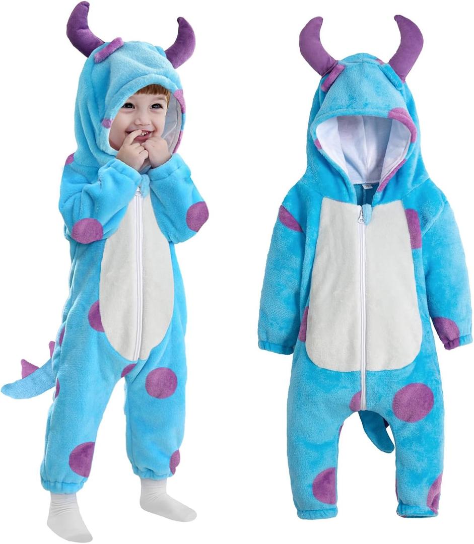Toddler Blue Monster Costume: Hooded Halloween Animal Onesie - Cute Fuzzy Warm Fall Winter Blue Monster Outfit (6-12 Months)