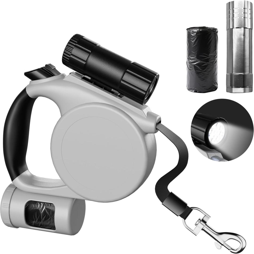 16ft Retractable Dog Leash with LED Flashlight, Upgrade 3 in 1 Pet Walking Leash with Poop Bag Dispenser &Anti-Slip Grip, Durable Heavy Duty Leashes for Small Dogs up to 44 lbs