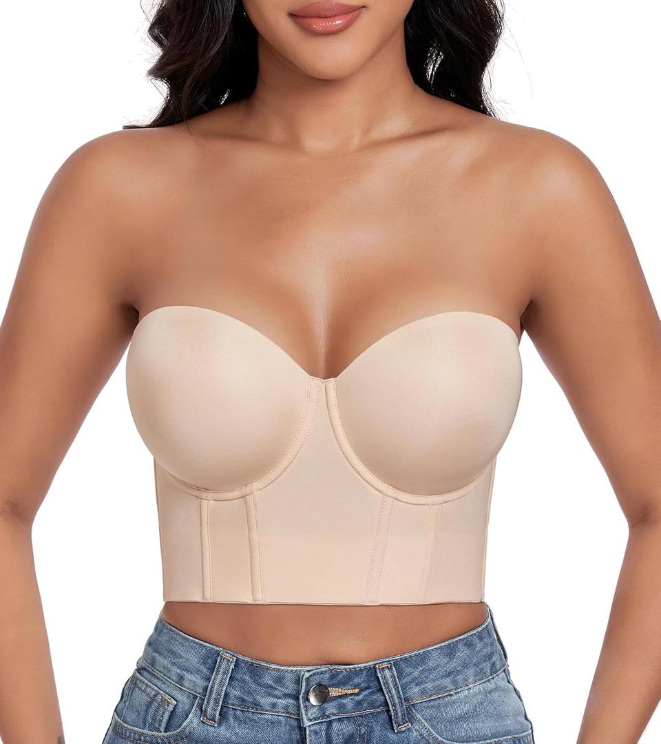 DotVol Women's Longline Strapless Full Figure Underwire Corset Bustier Bra 42DDD
