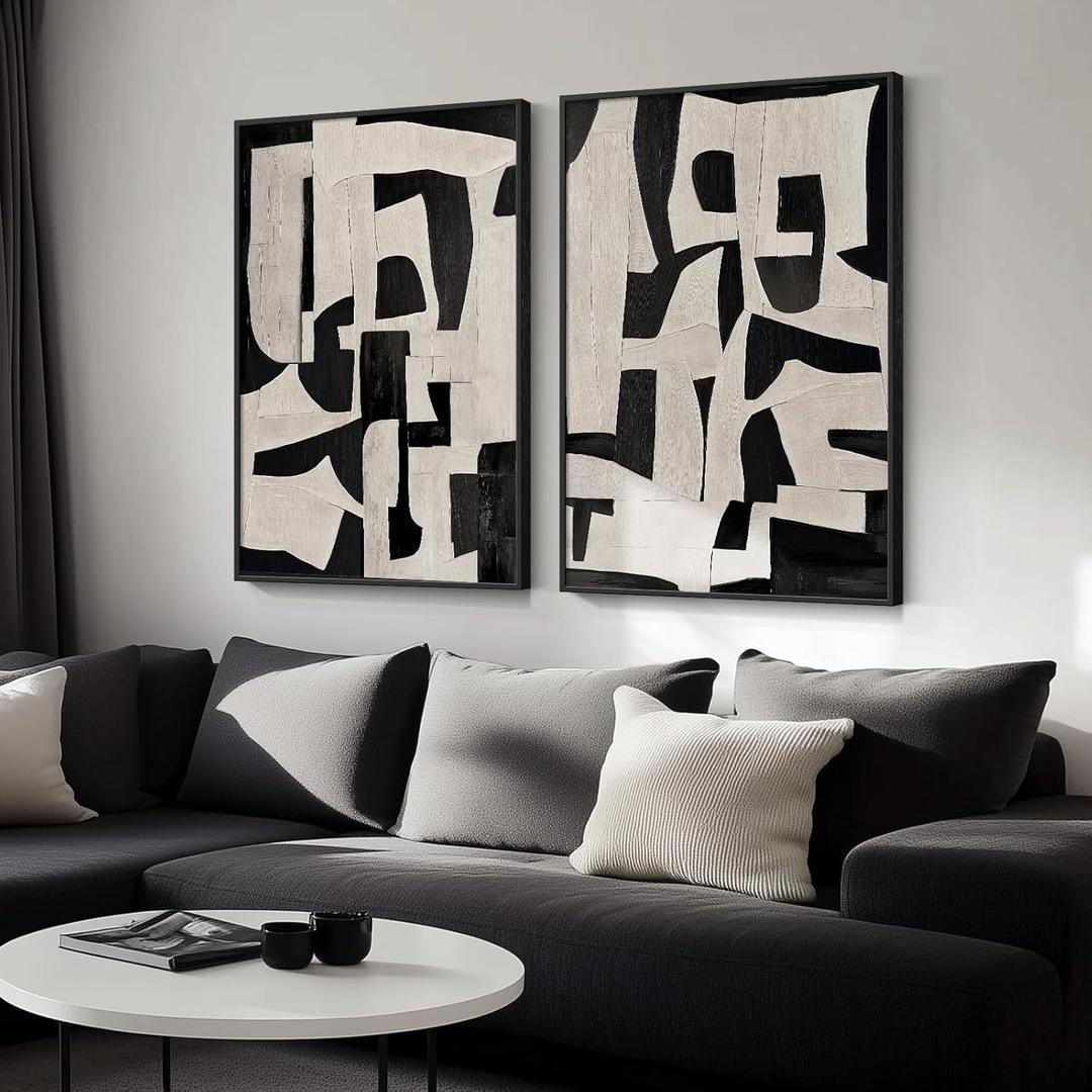 Large Framed Black and White Abstract Wall Art, Set of 2 Piece Minimalist Canvas Paintings Artwork for Walls, Modern Art Prints Pictures for Living Room Hallway Dining Room Bedroom Office Wall Decor 20x30 In (30" H x 40" W, Duet)