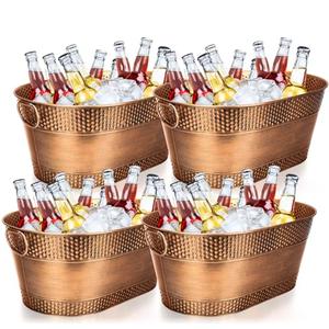 Nuogo 4 Pcs Stainless Steel Oval Ice Buckets for Parties 15 Qt/ 4 Gallon Galvanized Metal Drink Bucket with Handles Leak Resistant Beverage Tub Rustproof Wine Cooler Bucket Beverage Chiller(Bronze)