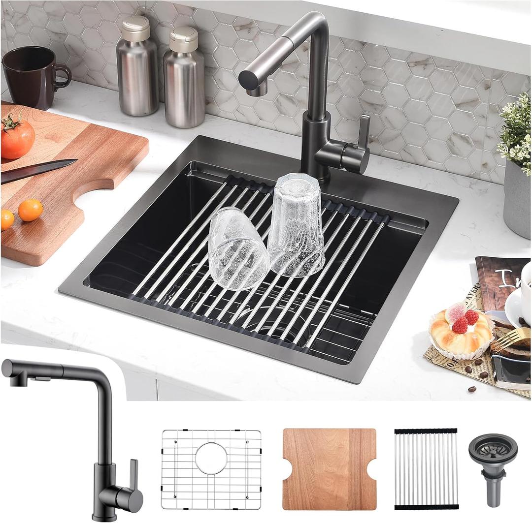 15x17 Black Drop In Bar Sink with Faucet - 15 Inch Drop In Single Bowl Kitchen Sink and Faucet Combo Set, 9 Inch Deep Black Stainless Steel Small Bar Sinks with Accessories