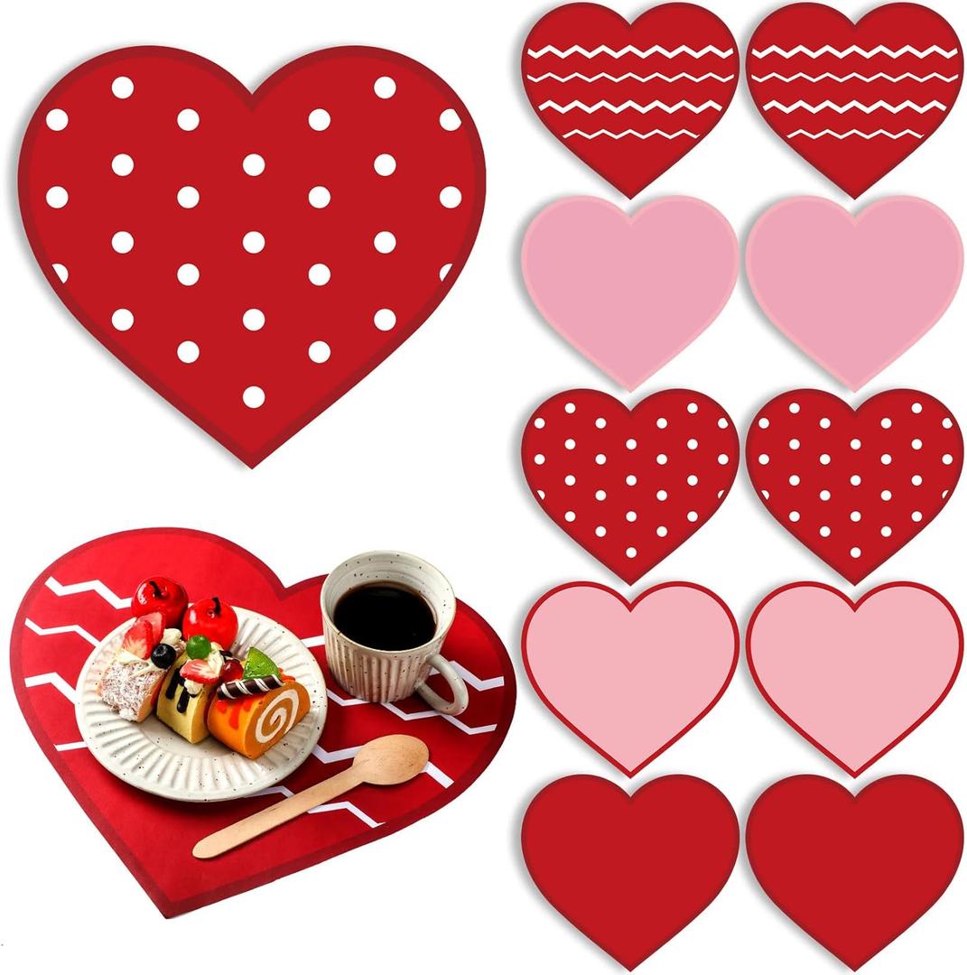 Easy 100 Pcs Disposable Heart Paper Placemats Valentine Red Heart Shaped Place Mat for Valentine's Day Table Setting Wedding Home Holiday Dinner Party Decoration