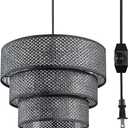 Lamp Shades for Floor Lamps Pendant Light Replacement, 3-Tier Drum Lamp Shade with Rattan Woven for Living Room Dining Hall Bedroom (Black)