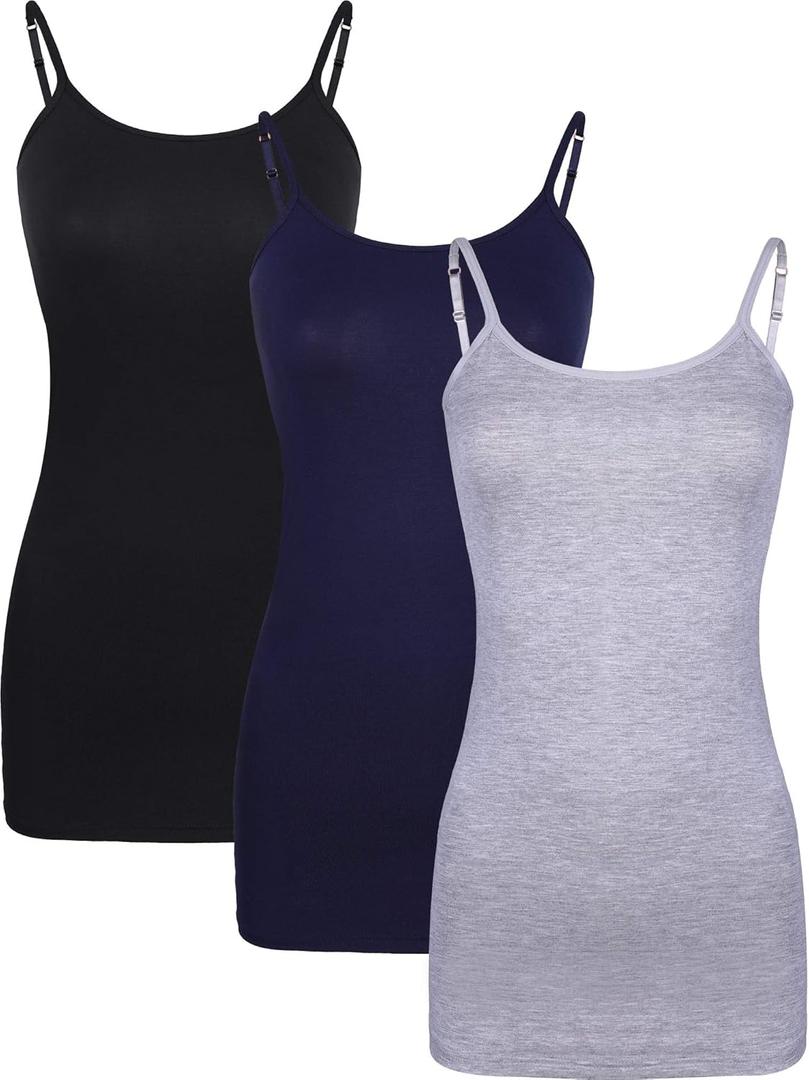 WILLBOND 3 Pieces Women Basic Long Tanks Adjustable Spaghetti Strap Camisole Top (X-Large, Black, Dark Blue and Grey)