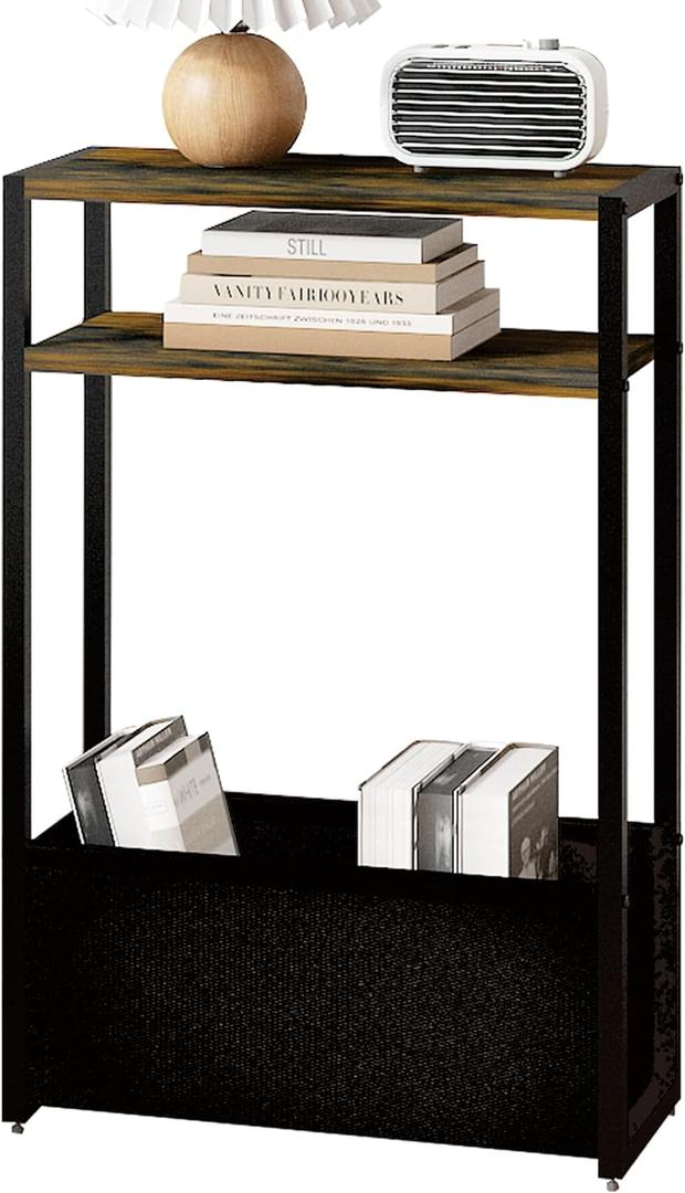 Narrow Side Table 15.7" - Slim Bedside Table with Storage Shelf & Basket, Space-Saving End Table for Studio/Dorm/Apartment, Modern Design Easy Assembly