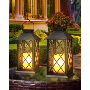 Otdair Solar Lanterns Outdoor Waterproof, 2 Pack 14" Solar Lantern with Glass Retro LED Flickering Flameless Candle,Lanterns Decorative Outdoor for Gift, Yard, Garden, Patio, Balcony,Porch, Party