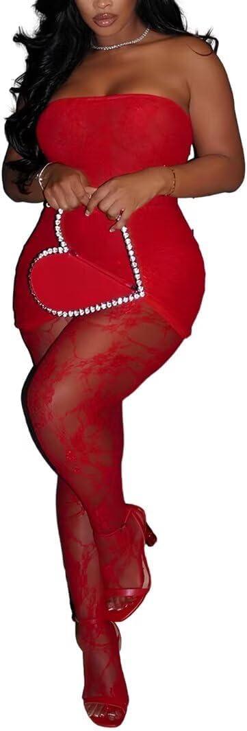 Kafiloe Sexy 2 Piece Outfits for Women Clubwear Lace Tube Mini Dress Top with Stockings Set Birthday Outfits (Small, Red)