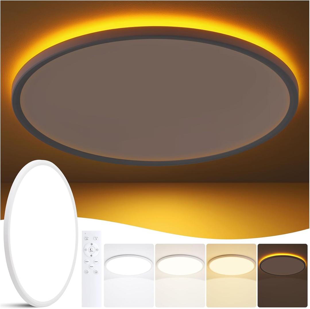 23 Inch Flush Mount Ceiling Light with Night Light, 54W 5400LM, Dimmable LED Ceiling Lights Fixture with Remote Control, 3000K/4000K/6500K Selectable, Slim Bright Bedroom Light Fixture, Round White