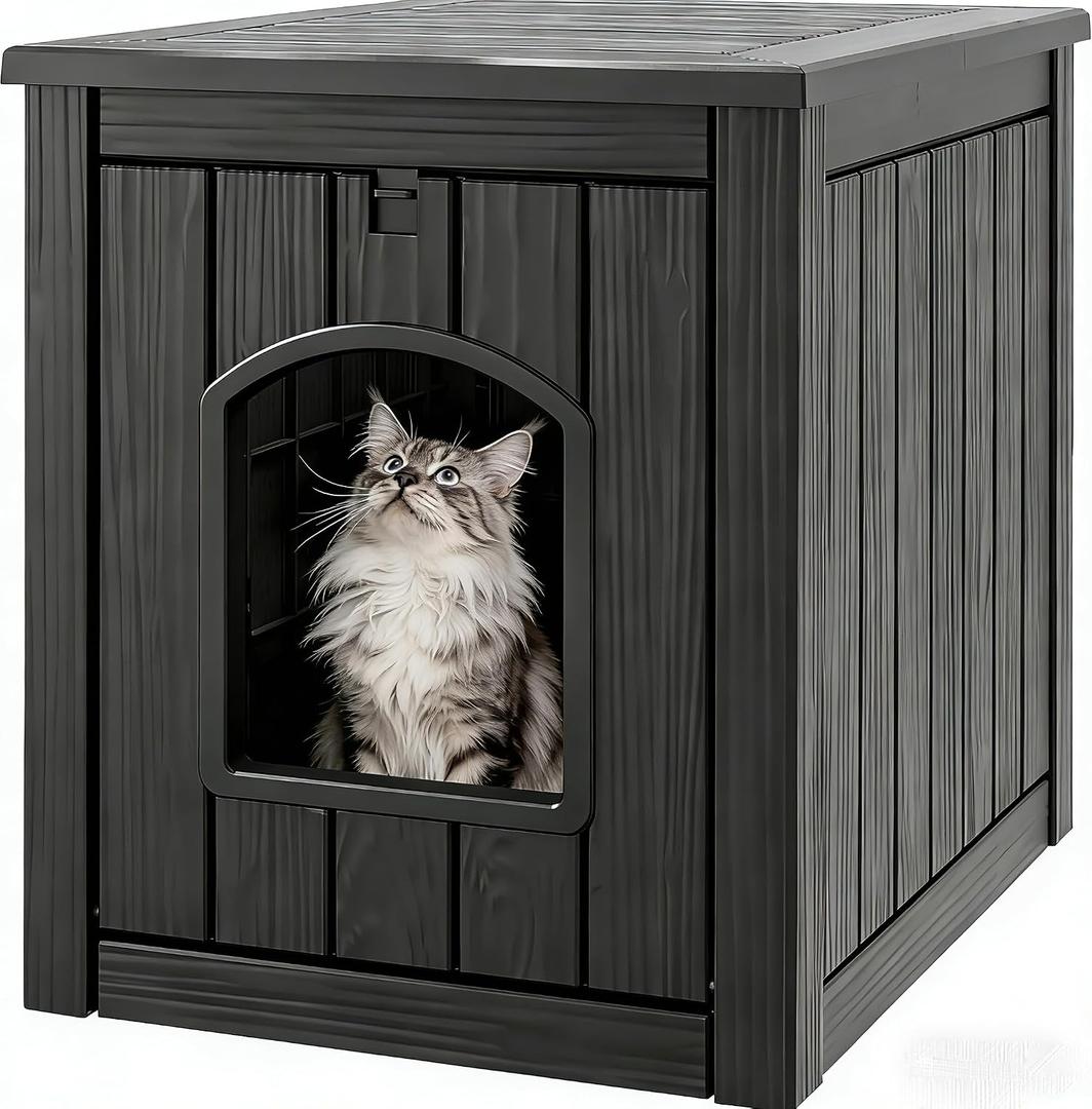 Cat Litter Box Enclosure, Plastic Outdoor Cat House Weatherproof, Multi-Functional Hidden Litter Box Furniture for Living Room, Backyard, Patio, Black, 23.5"D x 18.5"W x 22.5"H