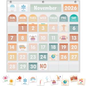 Large Calendar Pocket Chart, Calendar Learning Classroom Calendar Pocket Chart with 115 Cards for Classroom Calendar and Weather Pocket Chart for Home Kindergarten Learning(White)