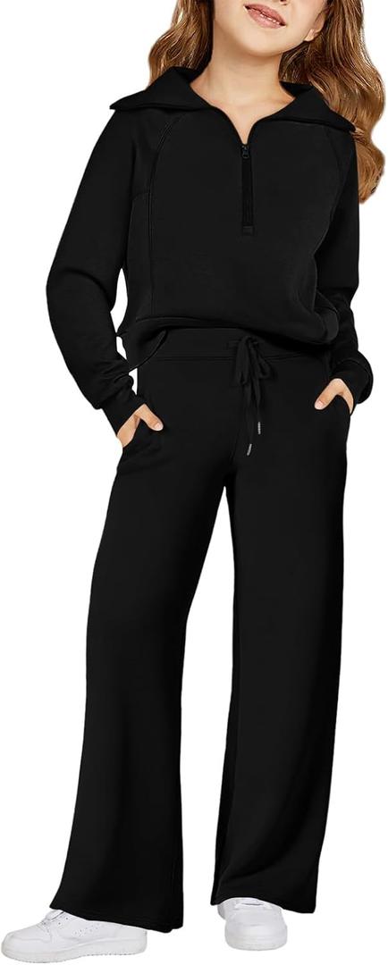 Haloumoning Girls 2 Piece Outfits Sweatsuit Half Zip Long Sleeve Sweatshirts Sweatpants Tracksuit Sets 5-14 years (Black)