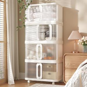 VUSIGN 360 QT Stackable Storage Bins with Lid, Folding Storage box with Wheels, Collapsible Plastic Storage Bins for Closets, Stackable Storage Organizer, Storage Containers, 4Pack, White