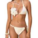 MakeMeChic Women's Bikini Sets Crochet 3D Floral Halter Tie Back Boho Bathing Suit Apricot Medium