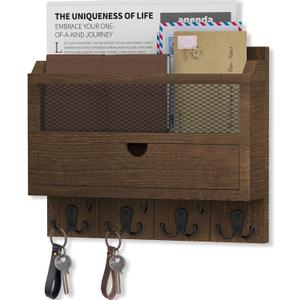 Nekon Mail Organizer with Drawer for Wall, 12"W x 10"H x 3.1"D Mail Sorter Wall Mounted, Wooden Key Holder Wall File Organizer Letter Sorter for Letter Magazines (Brown)