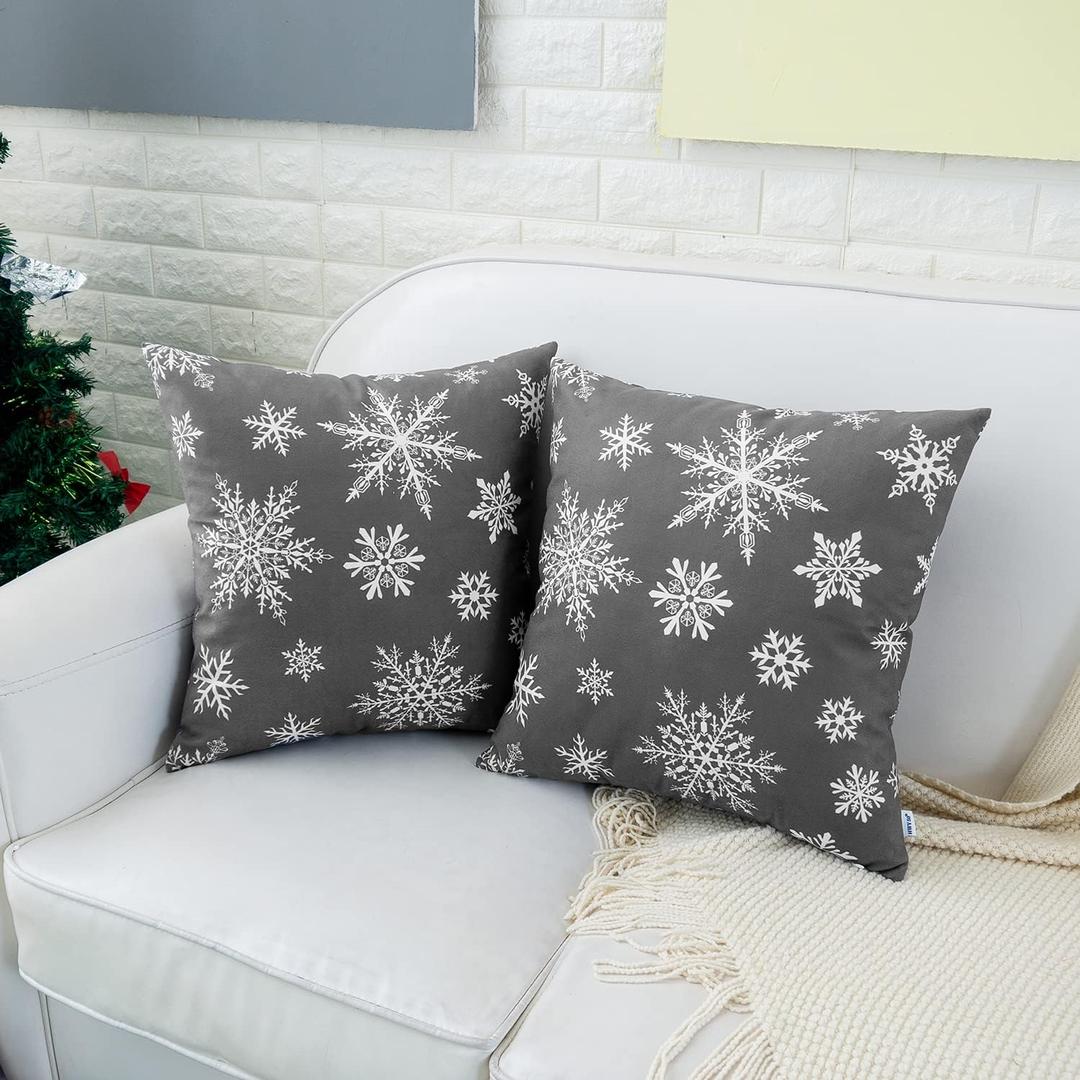 HWY 50 Grey Gray Decorative Throw Pillow Covers 18x18 Inch for Couch Sofa Living Room Bed, Soft Christmas Big and Small Snowflakes Print Throw Pillows Cases Set Cushion Cover Pack of 2