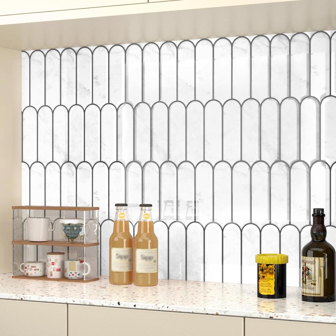 Wallercity 10-Sheets White 3D Kitchen Tiles Peel and Stick Backsplash Glossy Vinyl Tile Stickers Waterproof 12''x12'' Self Adhesive Stick on Backsplash for Bathroom Thick Subway Tile Back Splash
