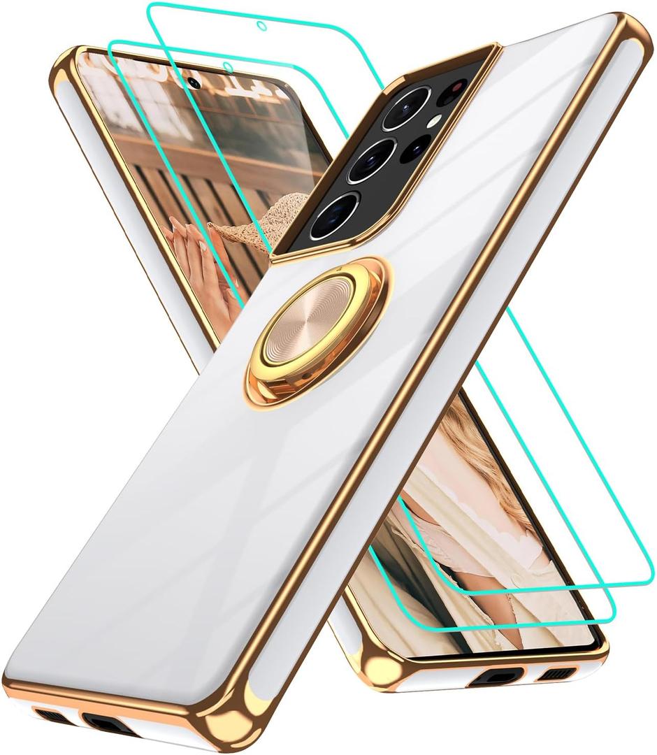 Gritup for Samsung Galaxy S21 Ultra Case: with 2Pcs Screen Protector, 360 Rotation Ring Holder Magnetic Kickstand Plating Gold Edge Soft TPU Shockproof Protective Cover for S21 Ultra, White