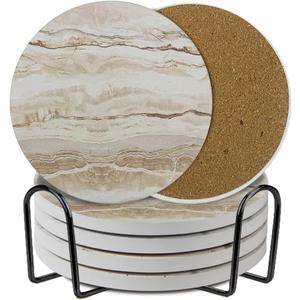 Ceramic Coasters Set of 6, Marble-Textured Design with Holder - Absorbent Cork-Backed Coasters for Cups, Bar & Coffee Table Decor Accessories (Khaki Marble, 4 Pack)