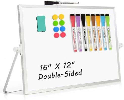 AMUSIGHT Dry Erase Magnetic White Board, 16" x 12" Double-Sided Desktop Whiteboard with Stand, Portable Small Whiteboard Set for Drawing, Office, Home, School