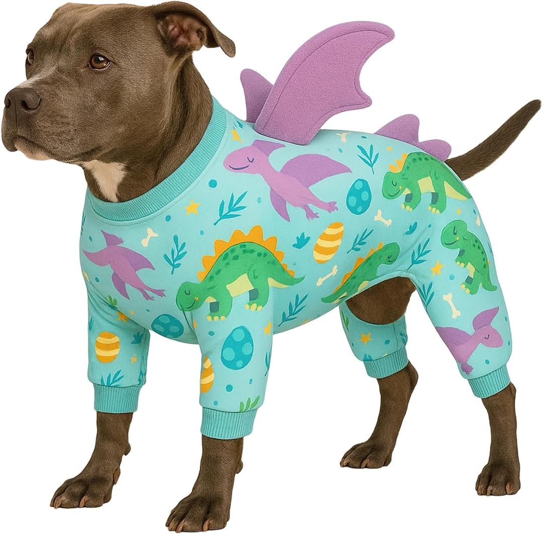 LovinPet Large Dog Pajamas, Four-Leg Stretch Onesie Bodysuit, Lightweight UV-Shielding Pajamas, Anti-Lick Calming Recovery Suit for Surgery, 3D Dino Wing Design with Soft Spikes Blue Purple M