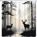 Forest Deer Shower Curtain Foggy Wildlife Hunnting Rustic Cabin Lodge Country Farmhouse Pine Tree Grey Elk Moose Shower Curtains Set Bathroom Polyester Fabric with Hooks (70" W x 70" L)
