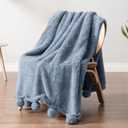 PAVILIA Blue Sherpa Throw Blanket for Couch, Warm Plush Pom Pom Blanket Throw, Dusty Blue Fuzzy Sofa Throw, Lightweight Soft Cozy Fluffy Blanket with Pom Poms, Light Blue, 50x60