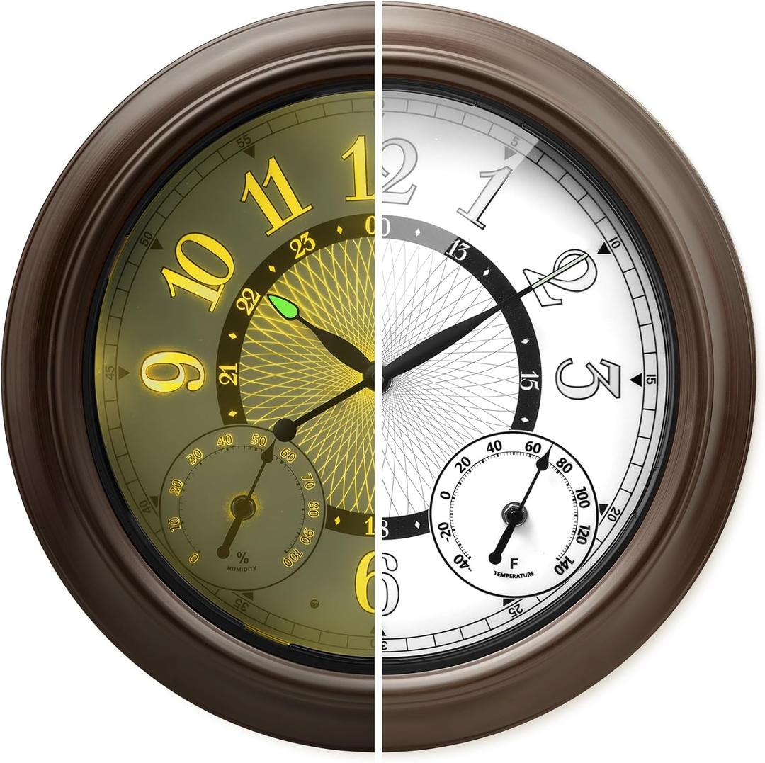 Illuminated Large Metal Outdoor Clocks Waterproof 18 Inches With AI Auto Light Smart Sensor,Extra Big Indoor Outdoor Wall Clocks With Thermometer & Hygrometer for Patio, Pool, Garden,Porch (Oil Rubbed Bronze)