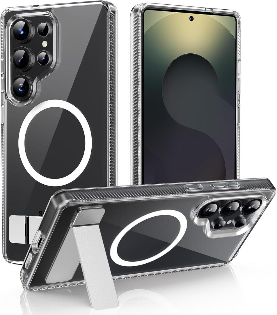 for Samsung Galaxy S25 Ultra Case Clear with Invisible Kickstand, [Fit for Magsafe][Anti-Yellowing], Anti-Slip Military Grade Shockproof Protective Magnetic Phone Case, Clear Stand