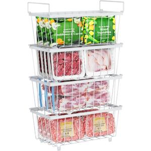 iSPECLE Deep Freezer Organizer Bins - 4 Pack Stackable Small Freezer Organizer Bins for 5 to 9 Cu.FT Small Chest Freezer Sort Frozen Food Easy to Get Food from Bottom without Digging in Freezer, White