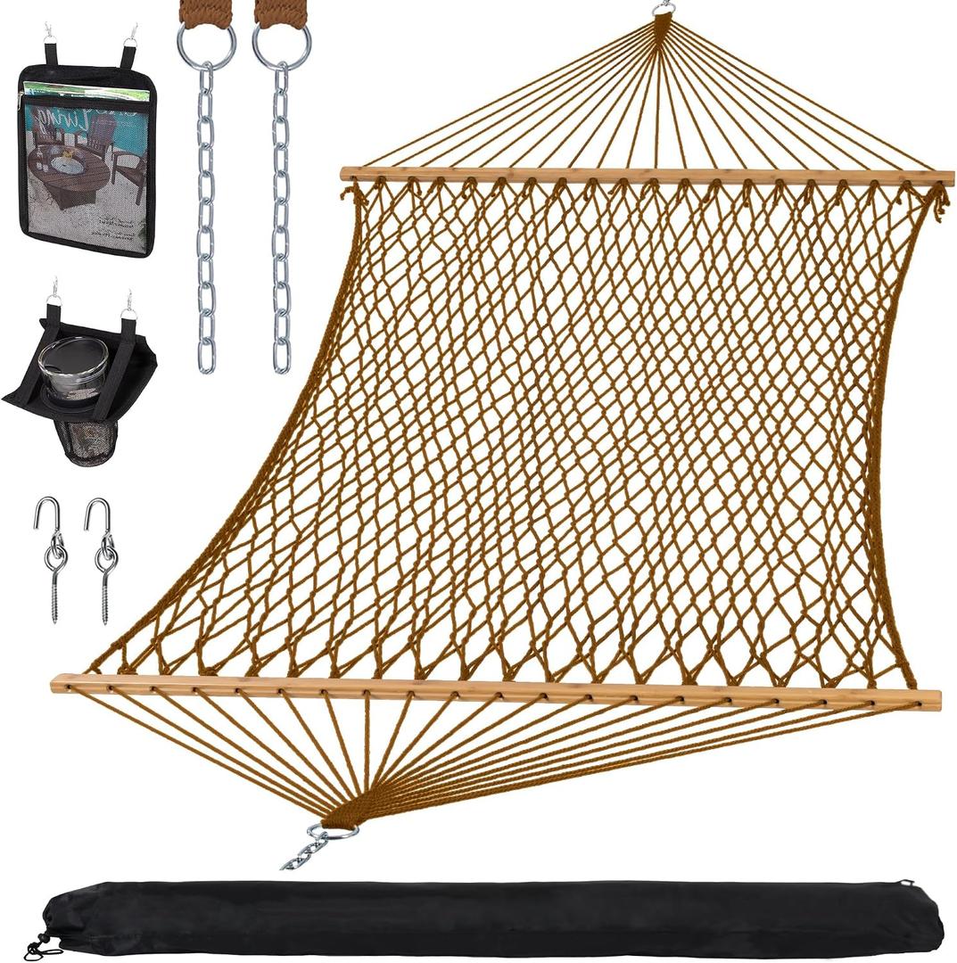 SUNCREAT Portable 2 Person Hammock with Carrying Bag, Tree Hooks, Magazine Bag, Bottle Holder, Heavy Duty Hanging Tree Hammock, Brown