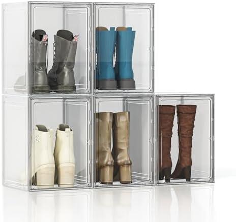 Tall Boot Storage Box 5 Pack Super Large Boot Storage Organizer for Closet, Boots Container Holder Rack, Display Case with Magnetic Door for Shoe, Helmets, Figures, 11x12.6x16.53 inch, White
