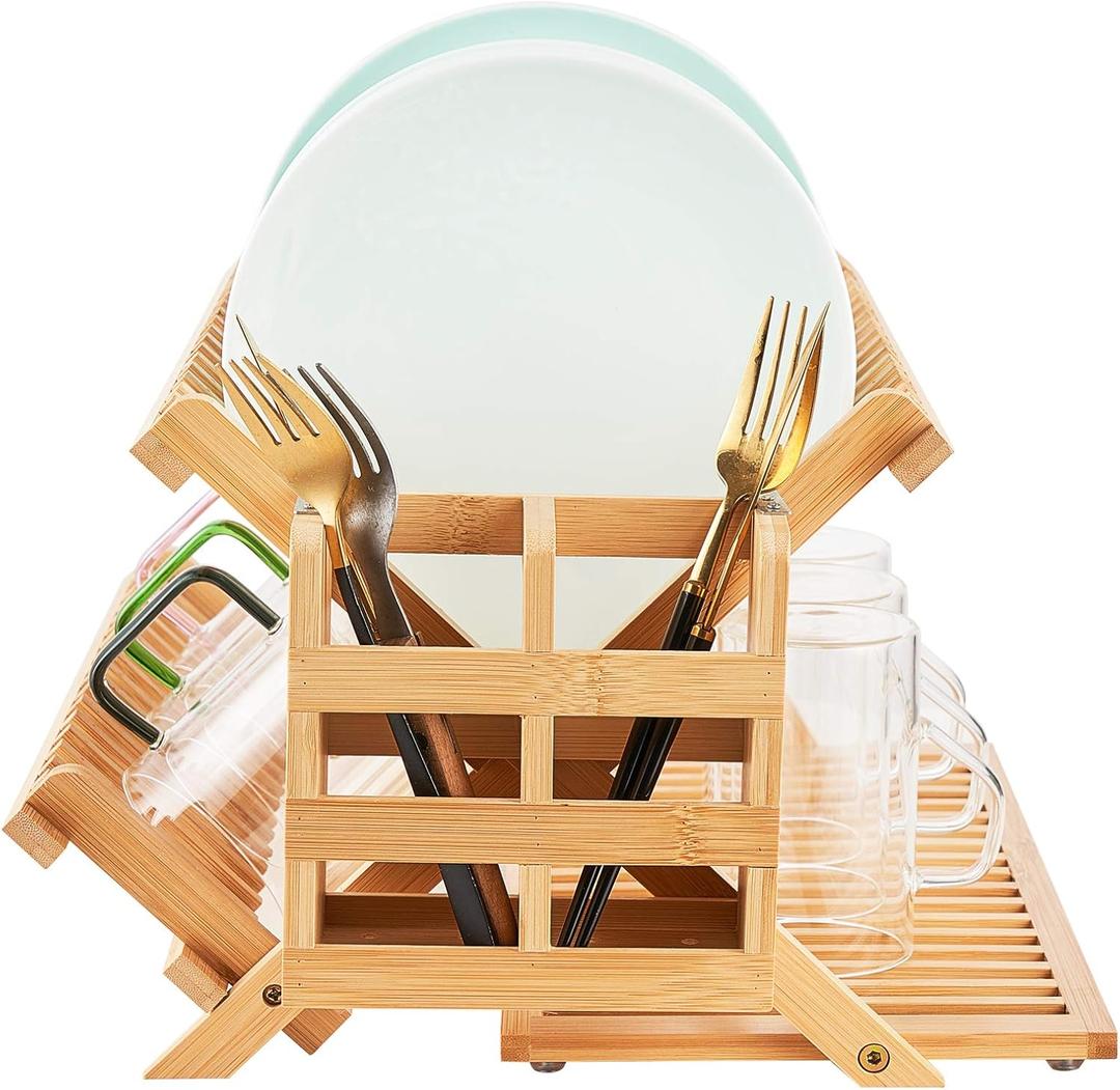 Bamboo Dish Drying Rack, 3 Tier Collapsible Wooden Dish Drainer Rack with Utensil Holder, Plate Rack for Kitchen Counter, Large Folding Drying Holder 51 pcs Grid