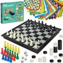 Magnetic Travel Board Game Set for Kids and Adults - Foldable 7.8" Chess & Checkers with Included Game Sheets for Ludo, Snakes & Ladders & More - Family-Friendly Multi-Game Set for Boys & Girls