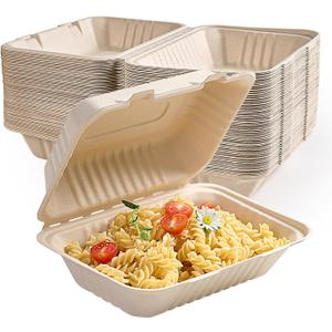 ECOLipak 500 Pack Clamshell Take Out Food Containers, 100% Compostable Disposable To Go Containers, 9X6 inch Heavy-Duty To Go Boxes for Food