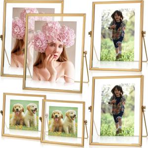 Amyhill Set of 6 Metal Picture Frames Vintage Minimal Ornate Floating Frames 4, 6, 7 Inches Photo Antique Easel Stand Vertical Glass Holder for Pictures Photos Desk Tabletop Display(Gold)