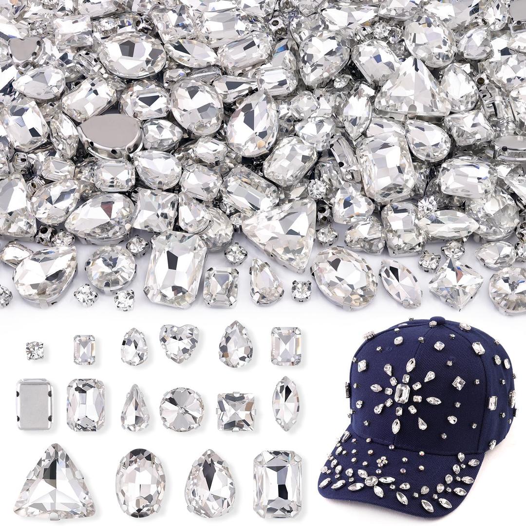 120 PCS White Bedazzling Sew on Rhinestones, Mixed Shape Charms Claw Flatback Glass Rhinestone with Metal Base for Crafting, Large Gems for Clothes Shoes Hats Collars Bags & Sewing Accessories