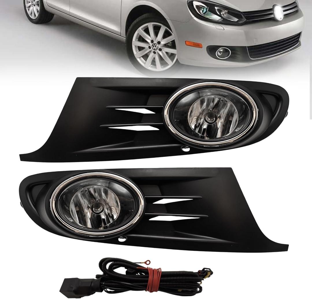 Fog Lights Fit For MK6 2010-2014 Golf Jetta TDI Sportwagen Chrome Black Bezel Kit (OE Style Clear Lens with Wires, Bulbs, Bezels)